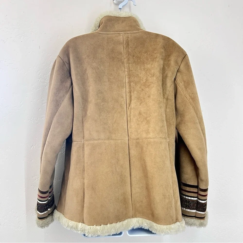 Vintage 90s Y2K Faux Suede Sherpa Lined Jacket Sz M Tan Coat Boho Phoebe Buffay